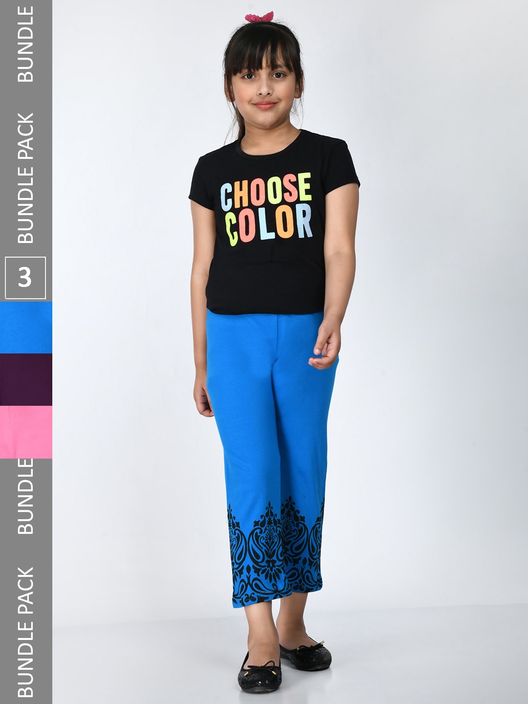 

IndiWeaves Girls Pack Of 3 Printed Cropped Cotton Lounge Pants, Blue