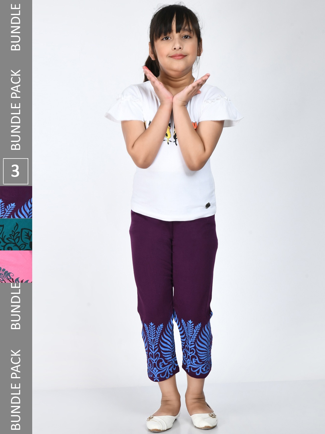 

IndiWeaves Girls Pack of 3 Printed Ankle-Length Pure Cotton Leggings, Purple
