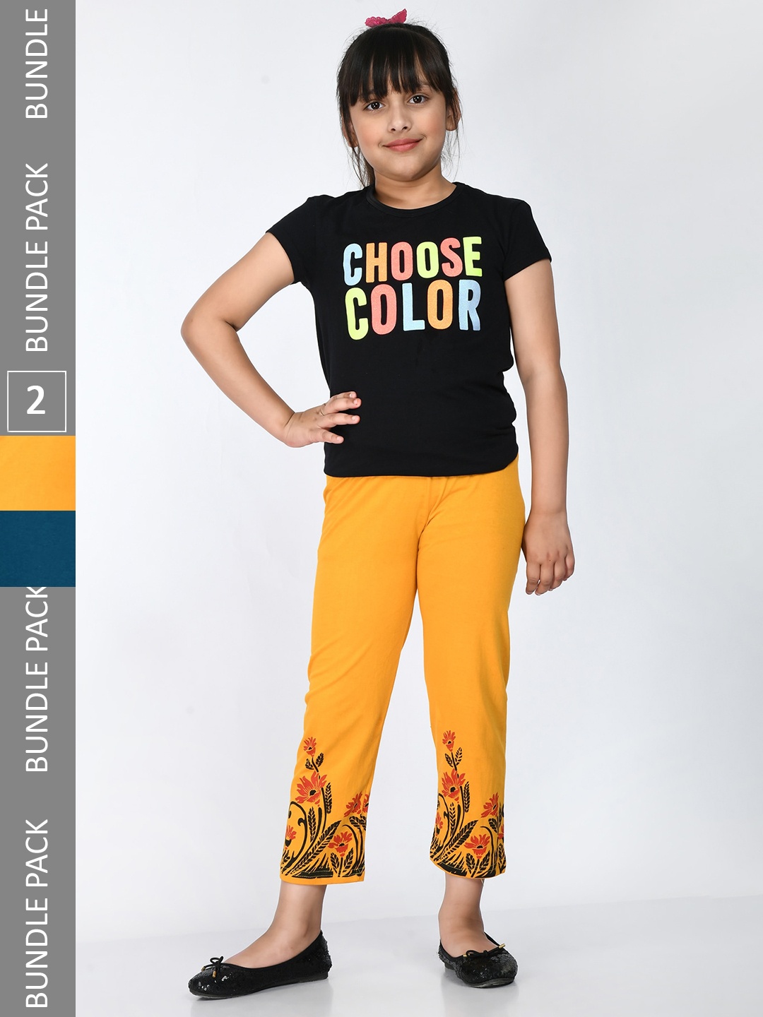 

IndiWeaves Girls Pack of 2 Printed Pure Cotton Capris, Yellow