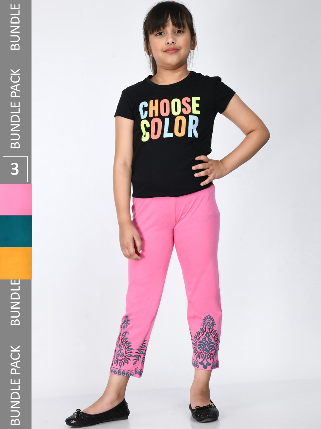 

IndiWeaves Girls Pack Of 3 Printed Cotton Lounge Pants, Pink