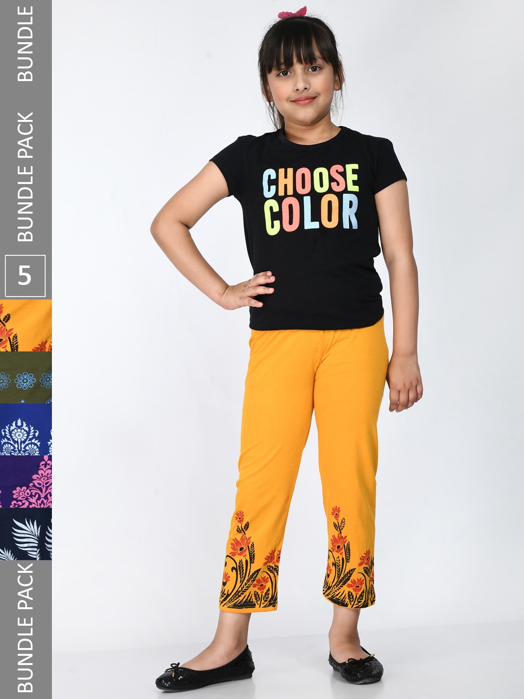

IndiWeaves Girls Pack Of 5 Printed Cotton Capris, Yellow