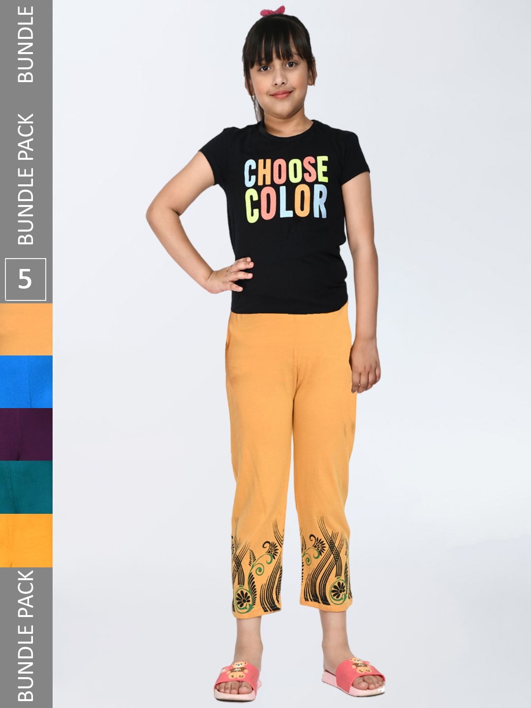 

IndiWeaves Girls Pack Of 5 Printed Cotton Capris, Yellow
