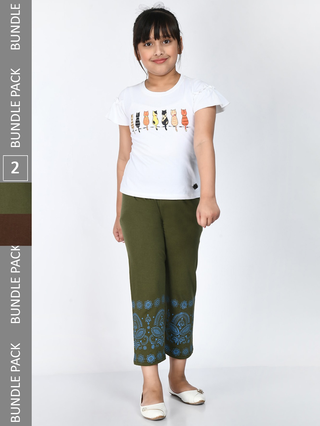 

IndiWeaves Girls Pack of 2 Printed Cotton Lounge Pants, Green