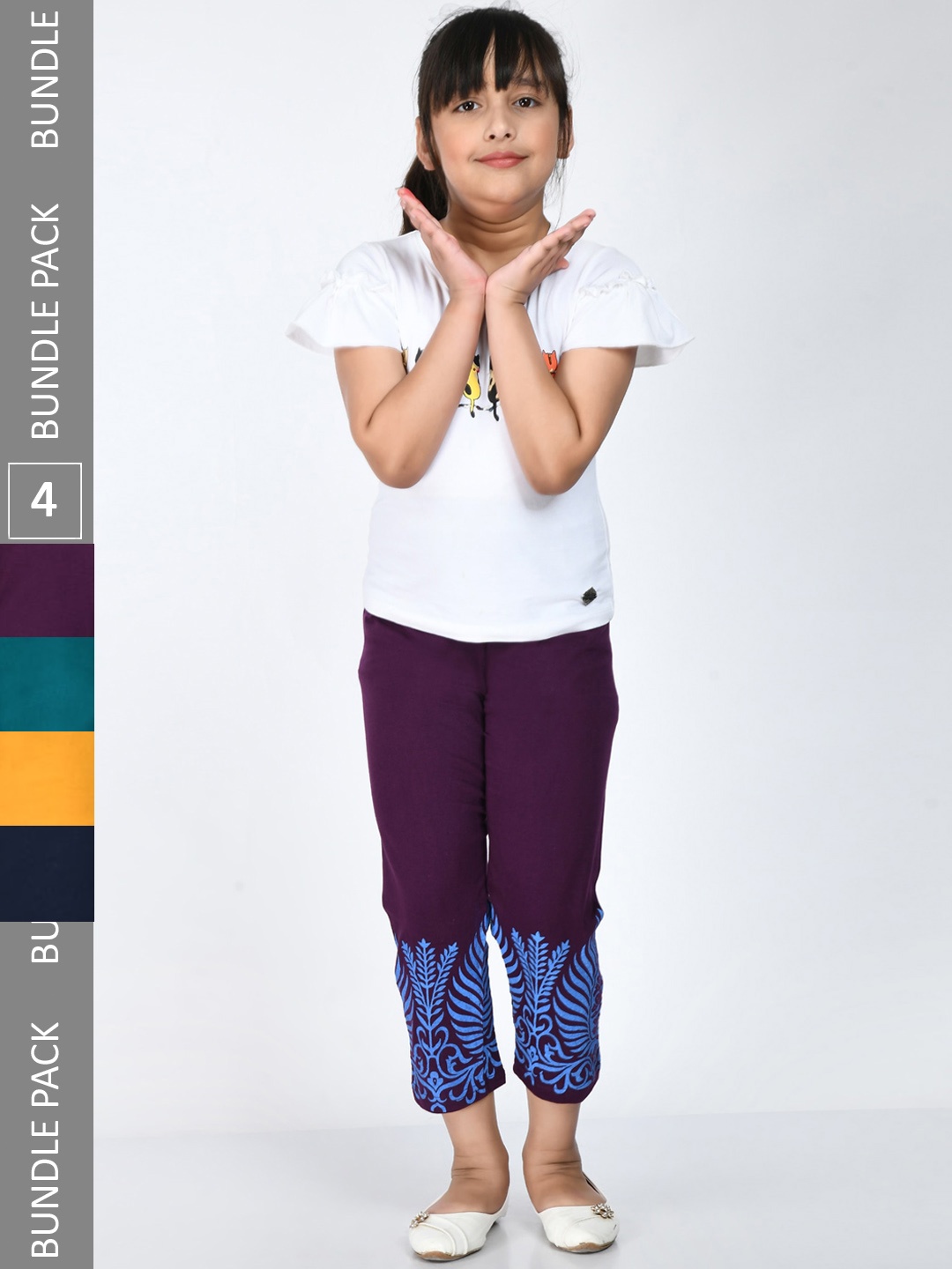

IndiWeaves Girls Pack of 4 Cotton Ethnic Motifs Printed Capris, Purple