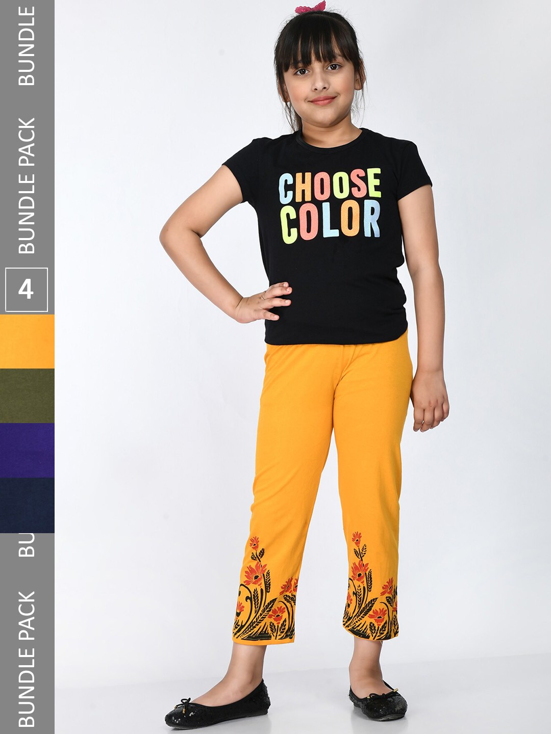 

IndiWeaves Girls Pack of 4 Pure Cotton Printed Lounge Pants, Yellow