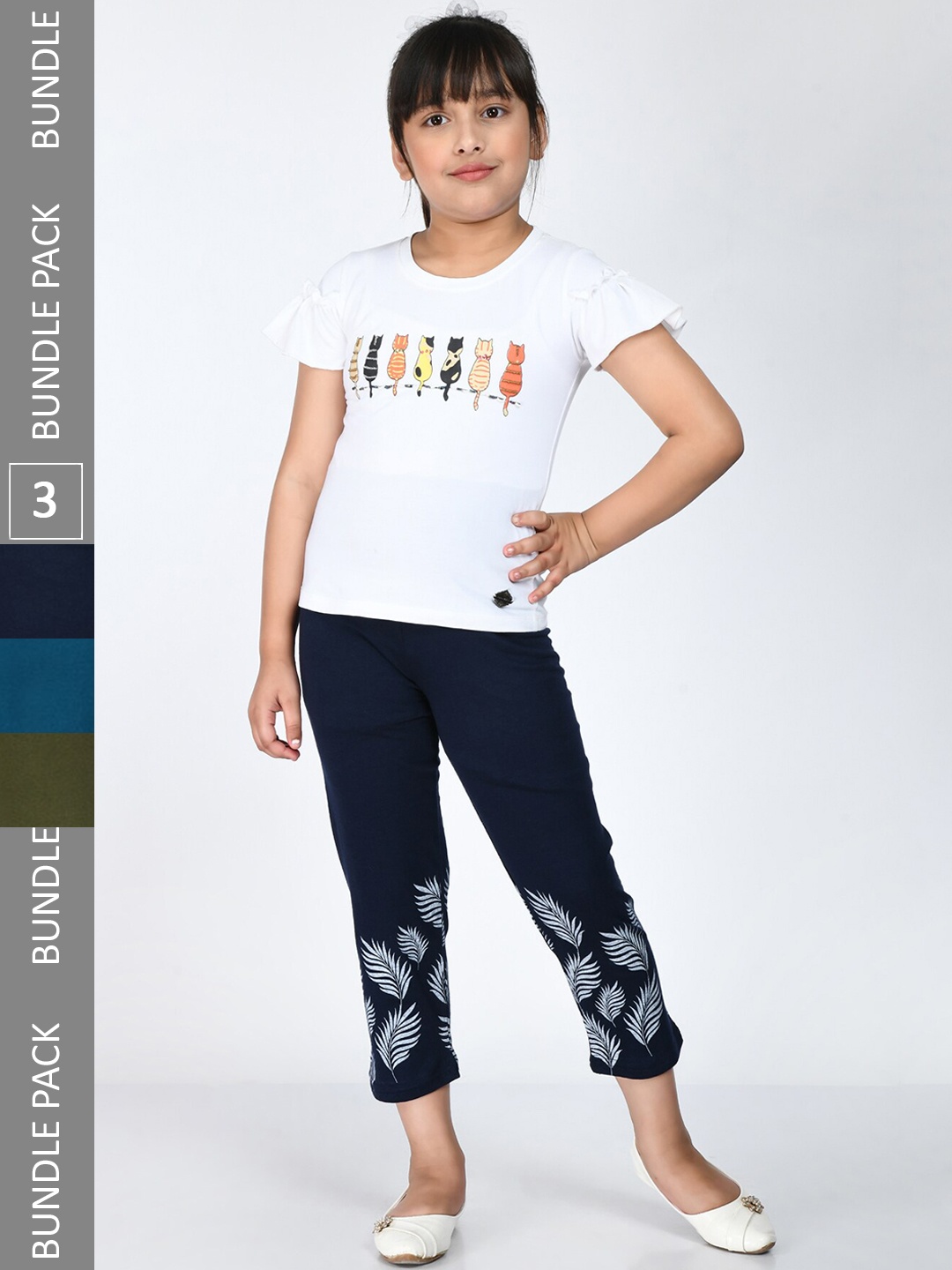 

IndiWeaves Girls Pack of 3 Cotton Ethnic Motifs Printed Capris, Navy blue
