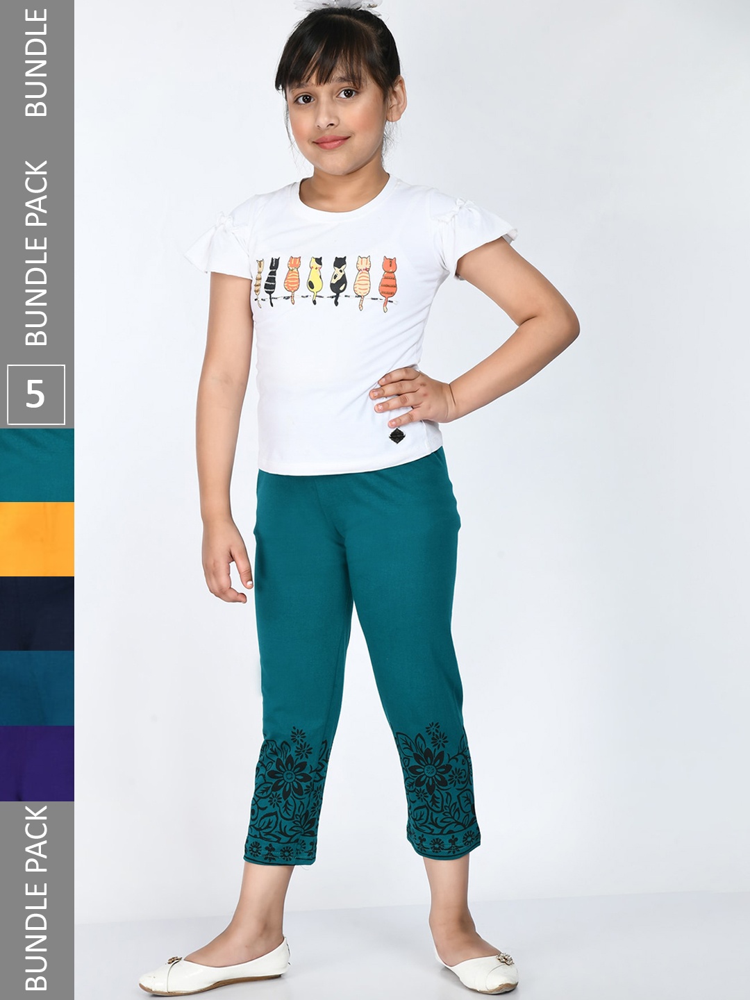 

IndiWeaves Pack of 5 Cotton Printed Ankle-Length Leggings, Green