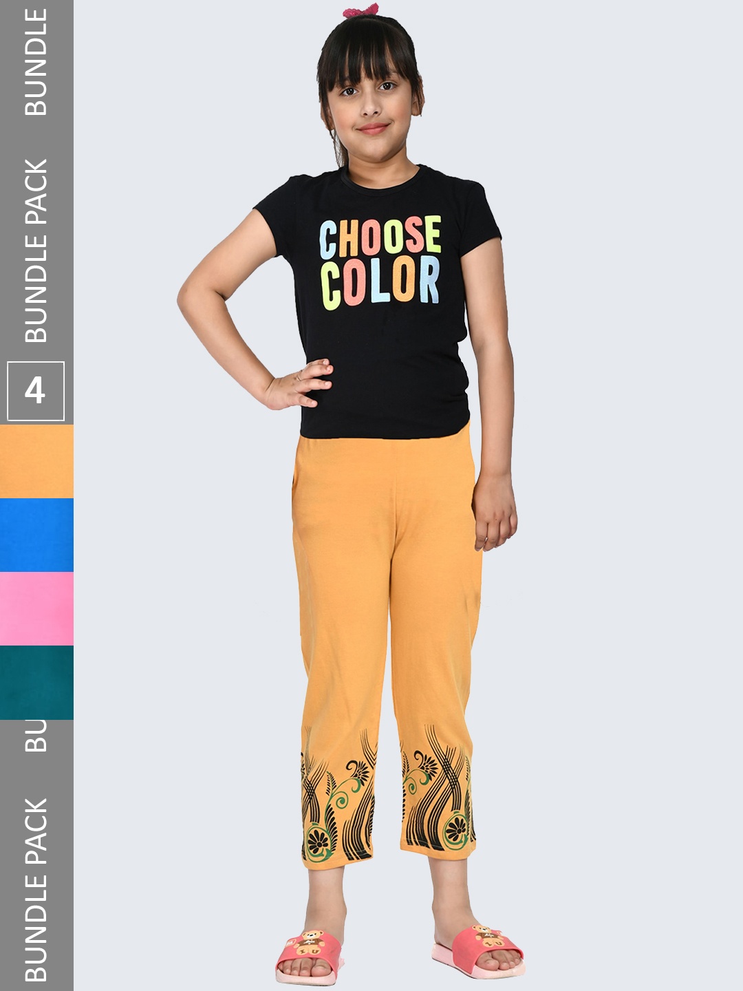

IndiWeaves Girls Pack of 4 Printed Cropped Cotton Lounge Pants, Yellow