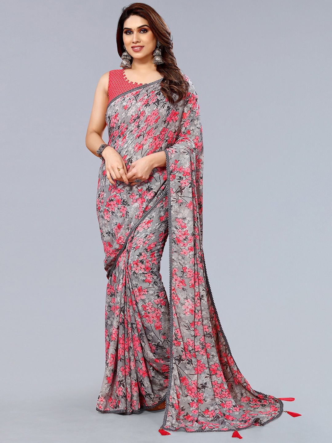 

KALINI Floral Printed Embellished Saree, Grey