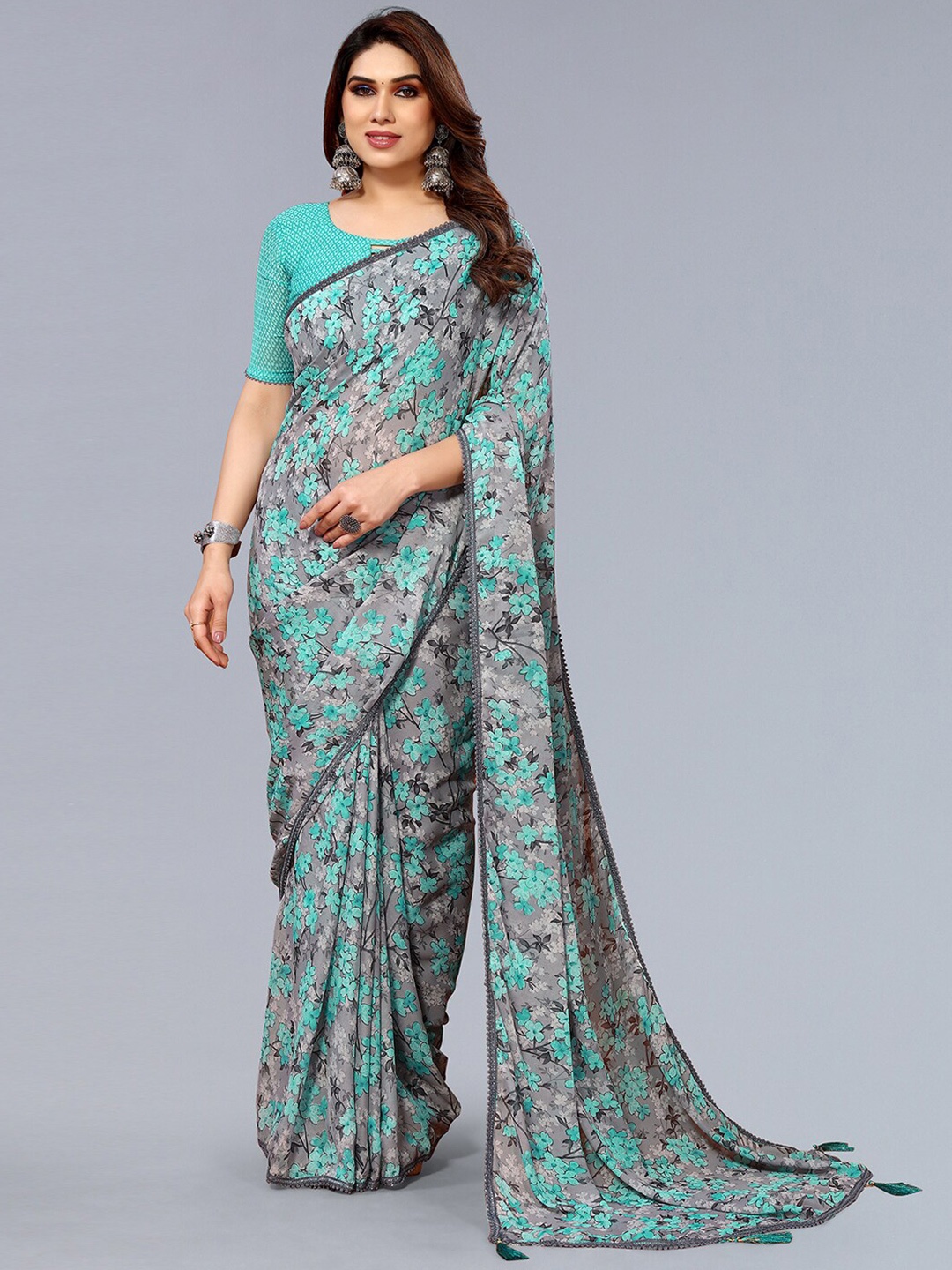 

KALINI Floral Printed Embellished Saree, Grey