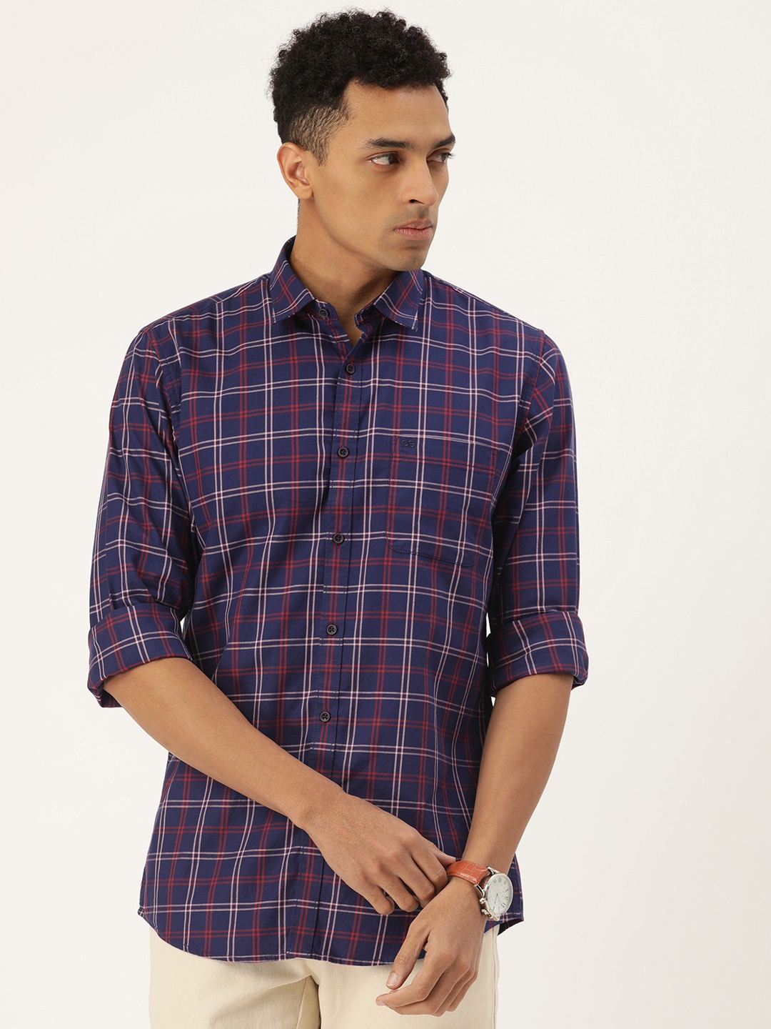 

Peter England Casuals Sport Slim Fit Pure Cotton Checked Casual Shirt, Navy blue