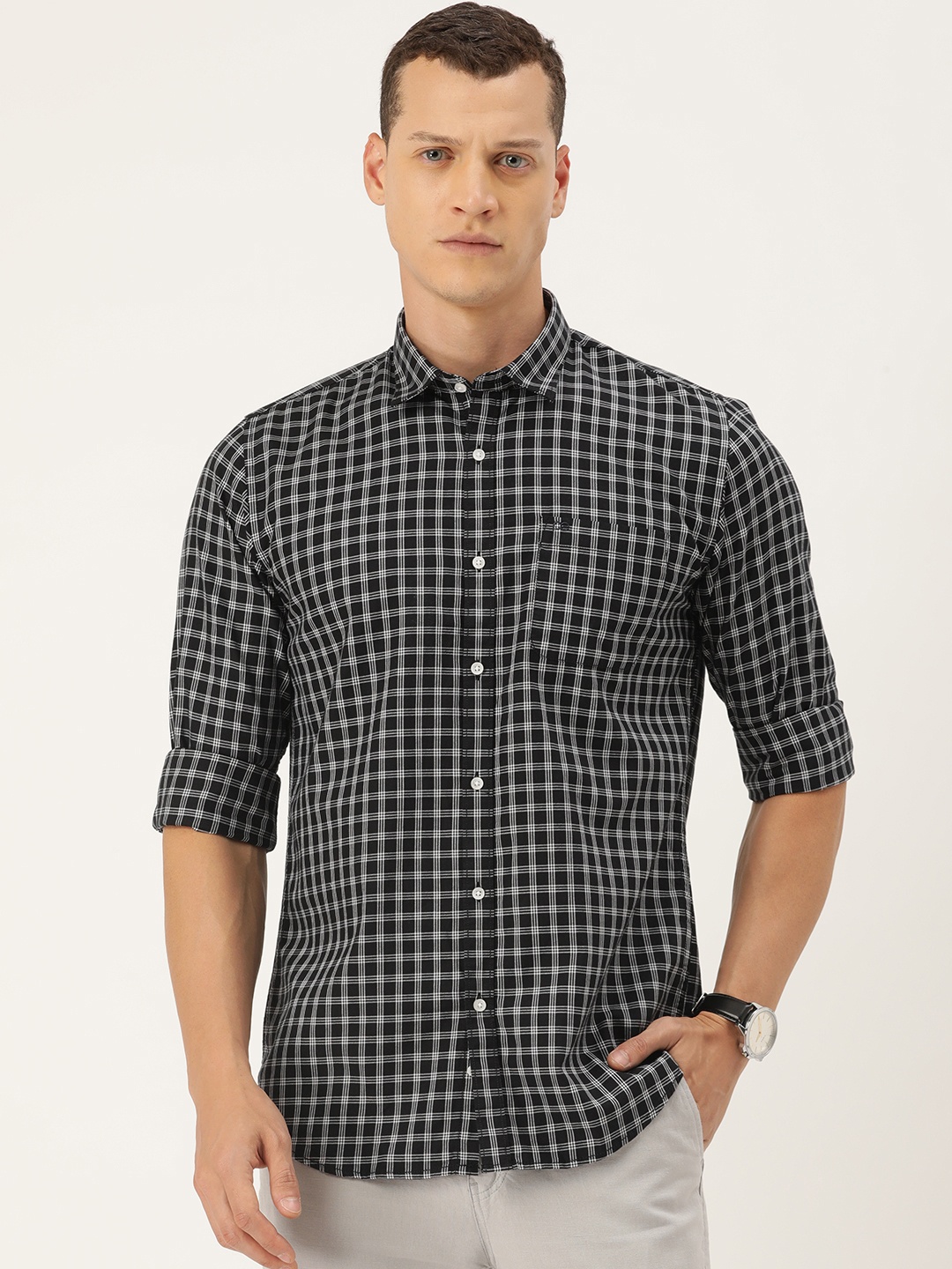 

Peter England Casuals Pure Cotton Slim Fit Checked Casual Shirt, Black
