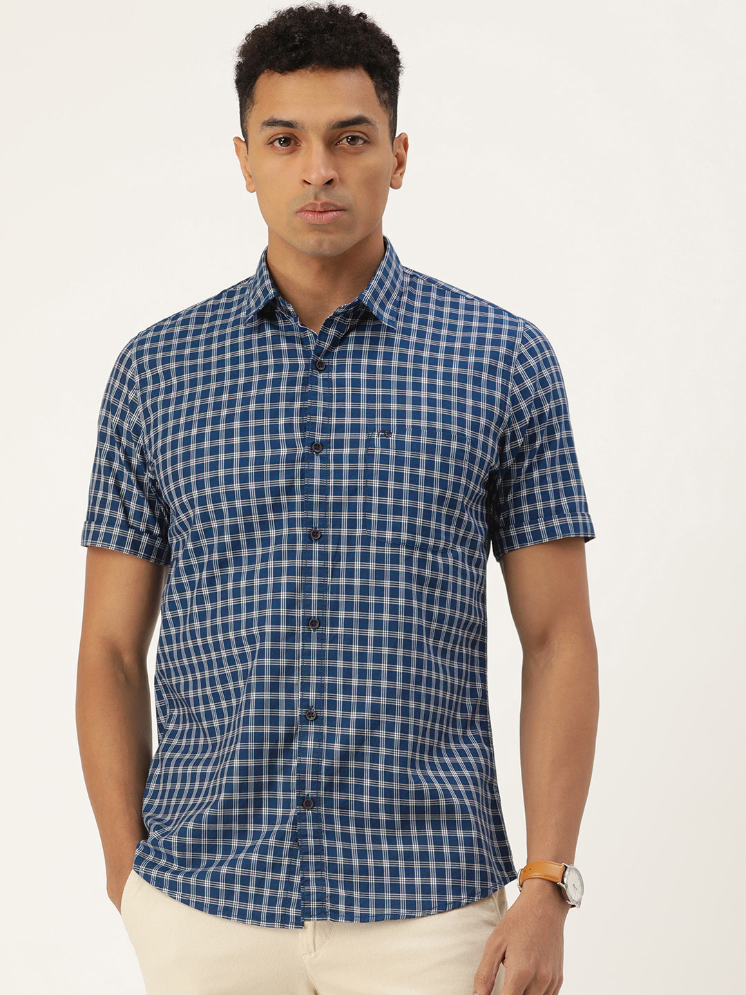 

Peter England Casuals Sport Slim Fit Pure Cotton Checked Casual Shirt, Navy blue