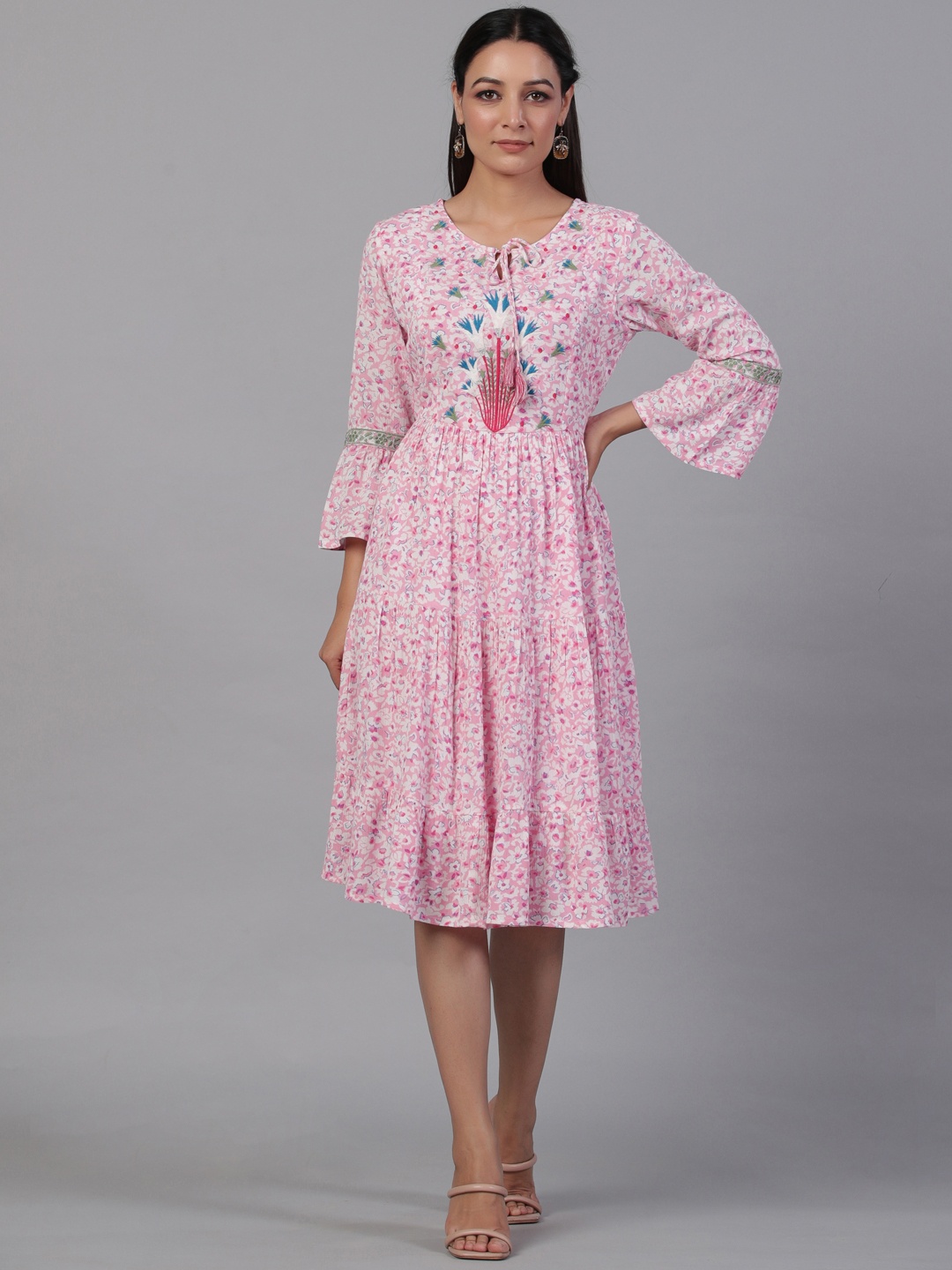 

Aadews Floral Printed Embroidered Tie-Up Neck Fit & Flare Dress, Pink