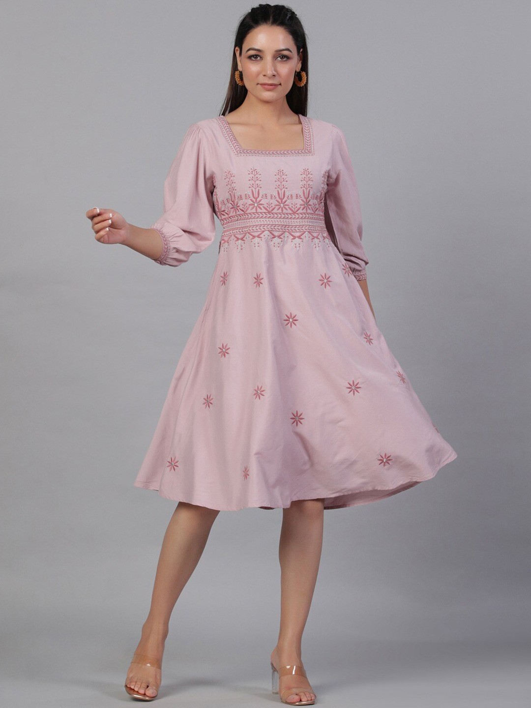 

Aadews Embellished Puff Sleeves Cotton Fit & Flare Dress, Pink