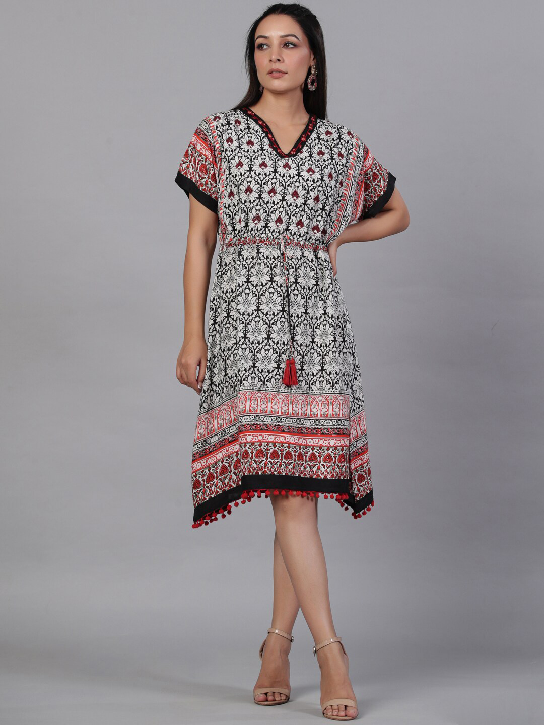 

Aadews Ethnic Motifs Printed V-Neck Extended Sleeves Fit & Flare Dress, Black