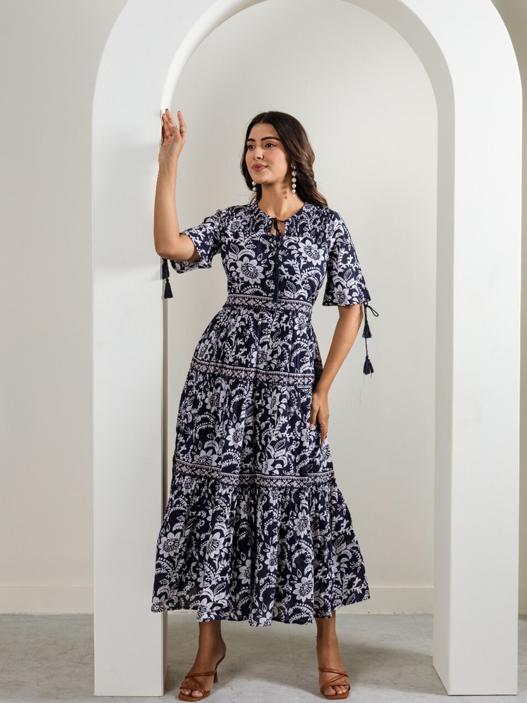 

Aadews Floral Printed Tiered Tie Up Neck Cotton Fit & Flare Dress, Blue