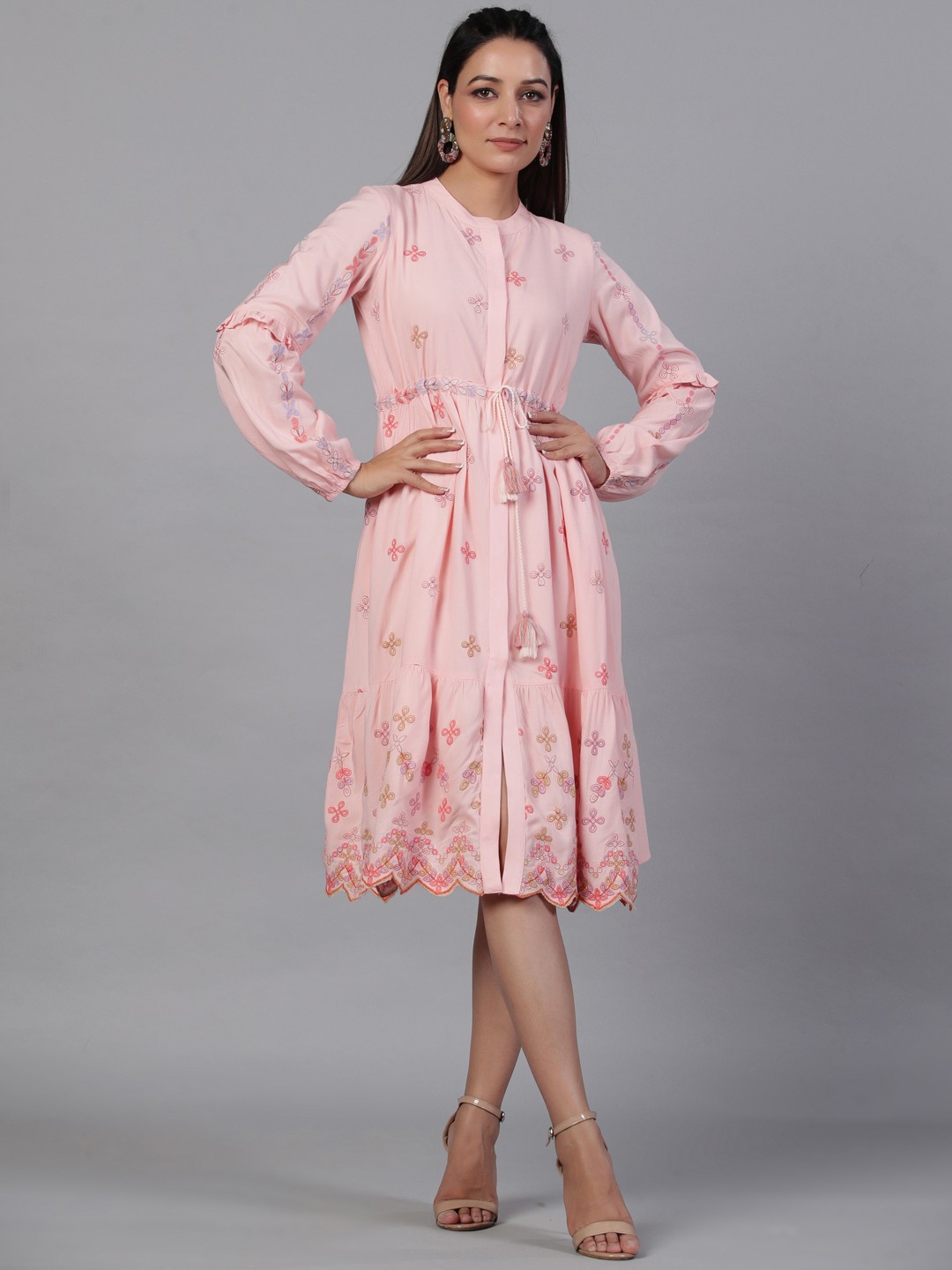 

Aadews Floral Embroidered Keyhole Neck Puff Sleeves Lace Fit & Flare Dress, Pink