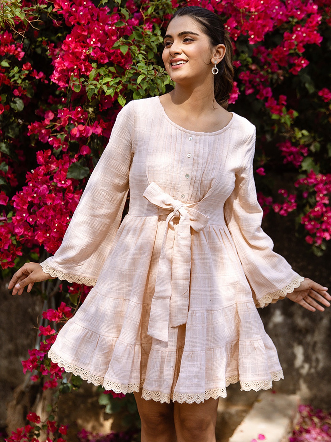 

Aadews Self Design Cotton Fit & Flare Dress, Peach