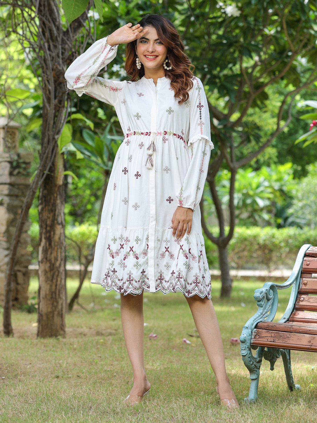 

Aadews Floral Embroidered Fit & Flare Dress, White