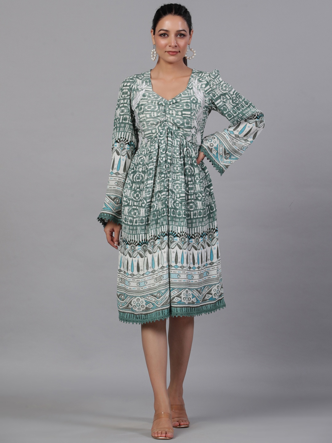 

Aadews Ethnic Motifs Printed Bell Sleeves A-Line Dress, Green