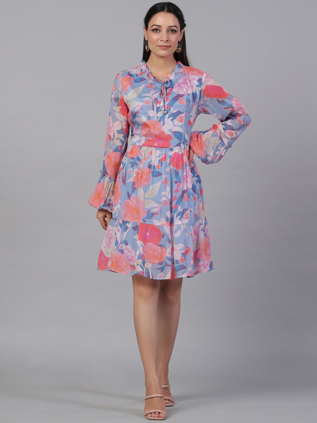 

Aadews Floral Printed Tie-Up Neck Cuffed Sleeves Fit & Flare Dress, Blue