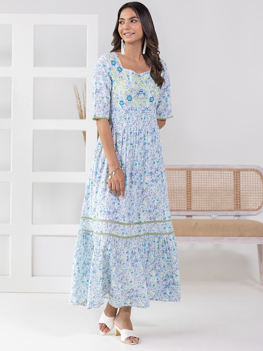 

Aadews Floral Print Fit & Flare Maxi Dress, White