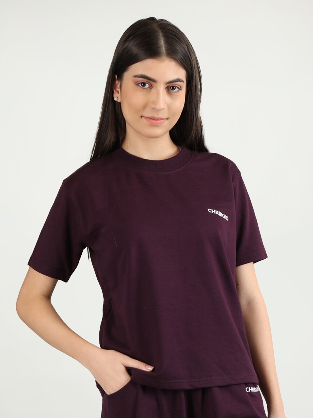 

CHKOKKO Round Neck Short Sleeves Casual T-shirt, Violet