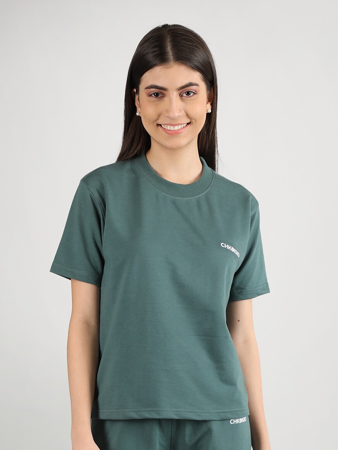 

CHKOKKO Round Neck Short Sleeves Casual T-Shirt, Green