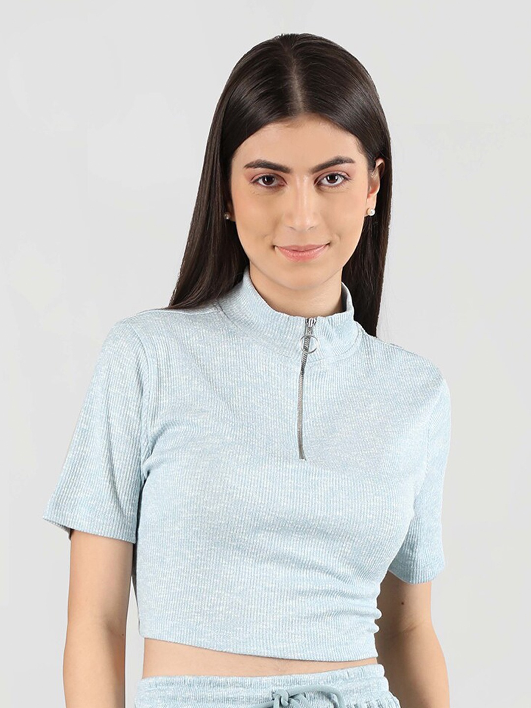 

CHKOKKO High Neck Short Sleeves Crop Top, Blue