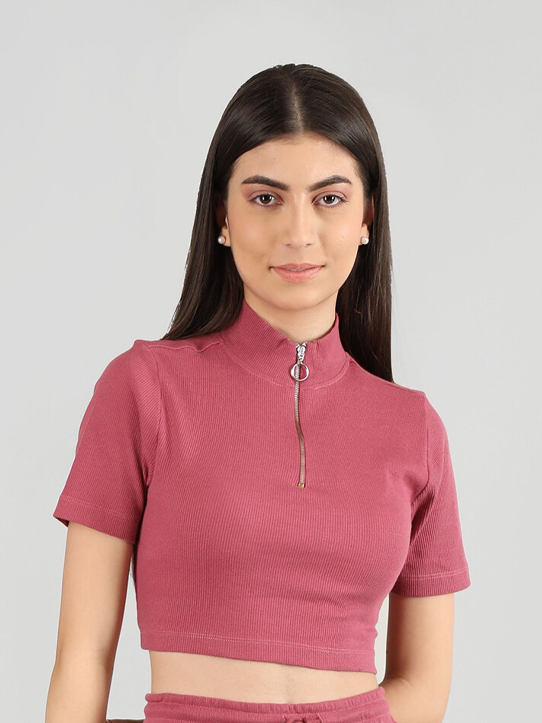 

CHKOKKO High Neck Short Sleeves Crop Top, Pink