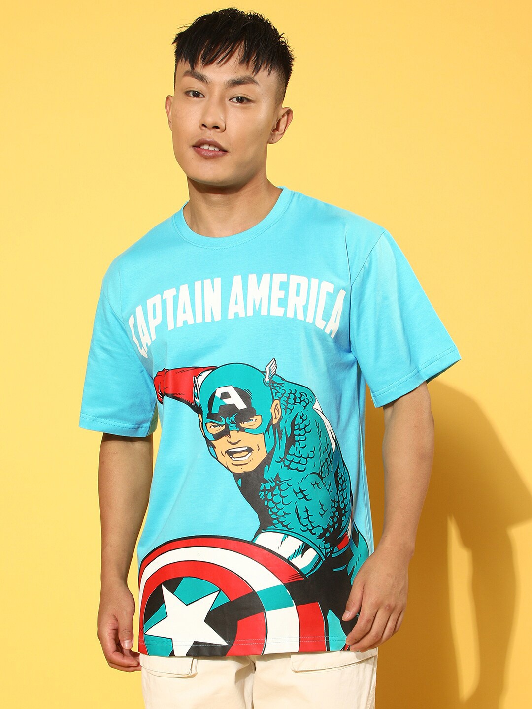 

VEIRDO Marvel Blue Superhero Captain America Graphic Printed Oversized Cotton T-Shirt