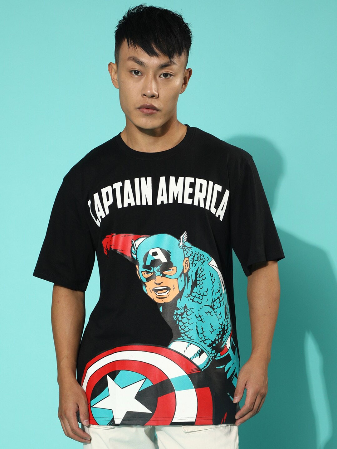 

VEIRDO Marvel Black Captain America Printed Oversize-Fit Cotton T-shirt