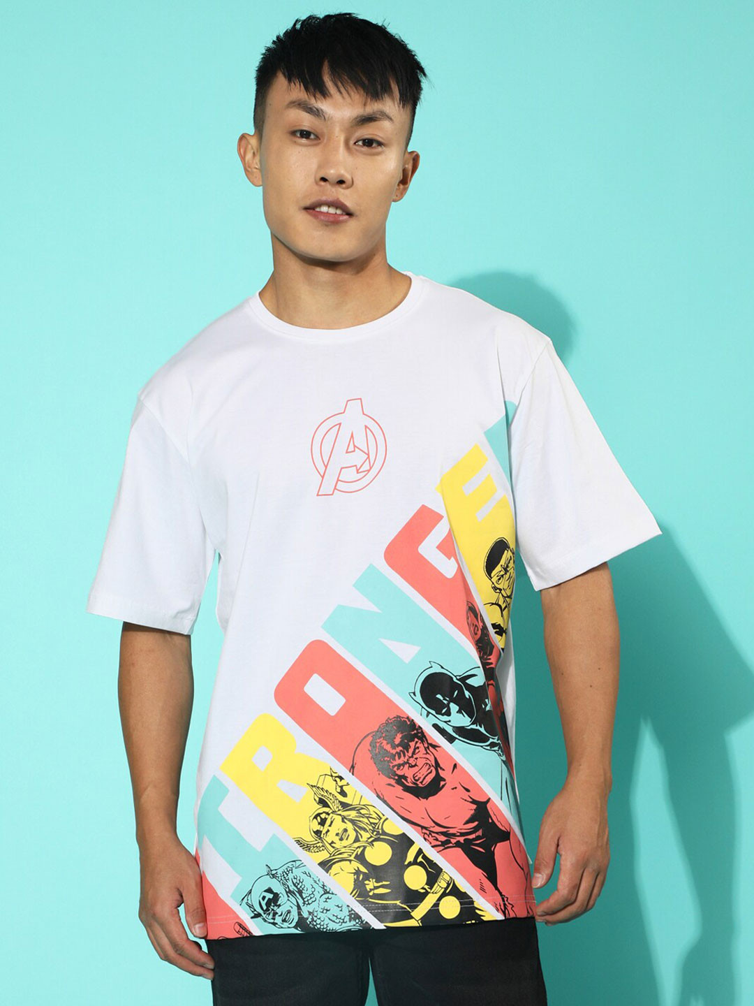 

VEIRDO White Avengers Printed Oversize Cotton T-shirt