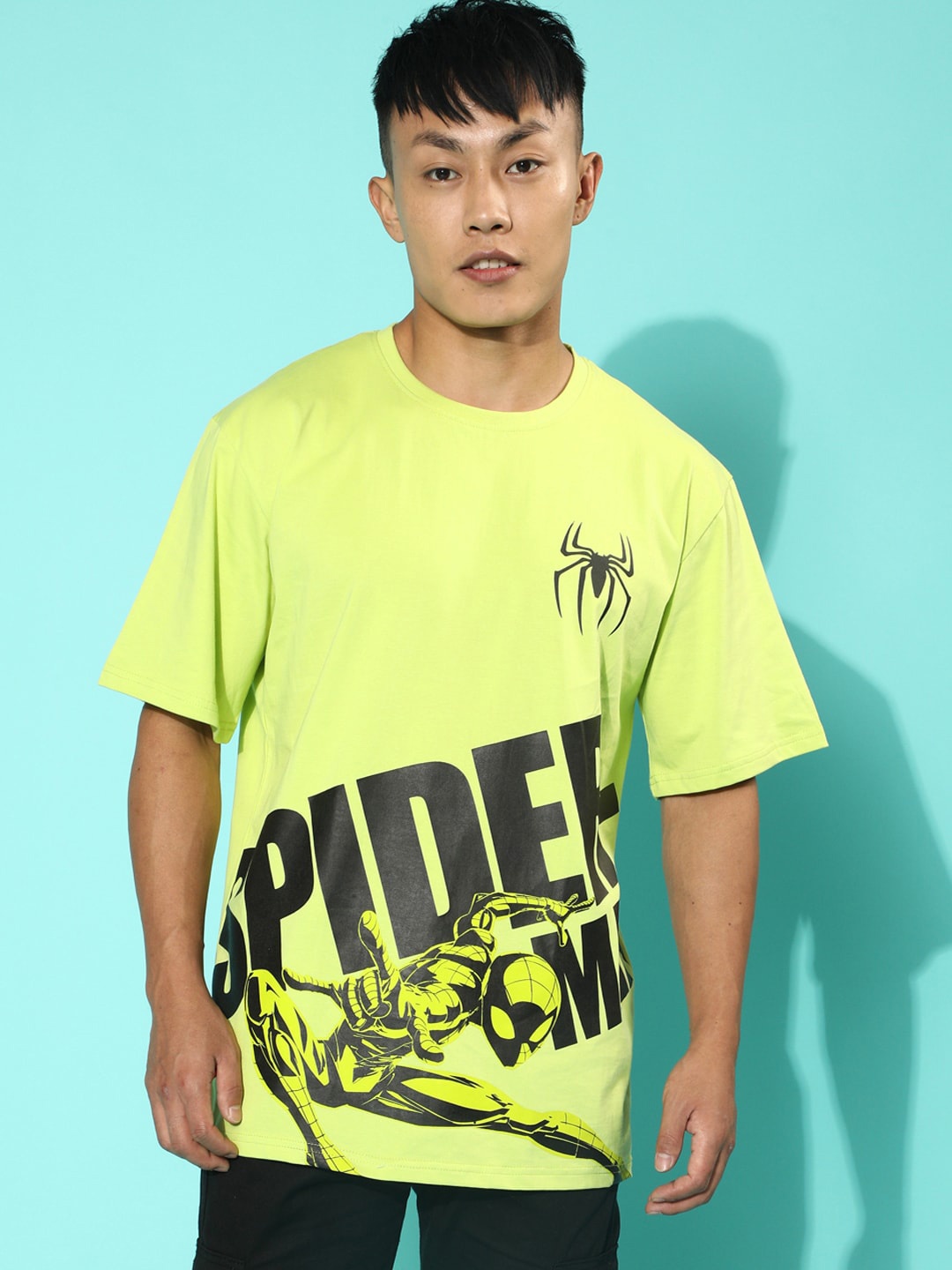 

VEIRDO Men Lime Green & Black Spider Man Graphic Printed Loose Cotton T-Shirt