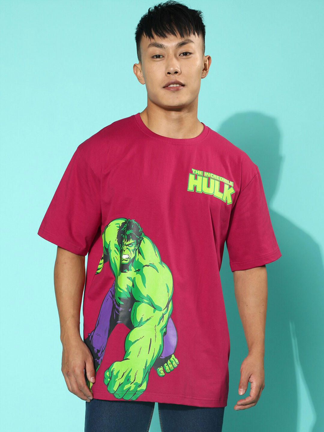 

VEIRDO Magenta Hulk Printed Oversize Cotton T-shirt
