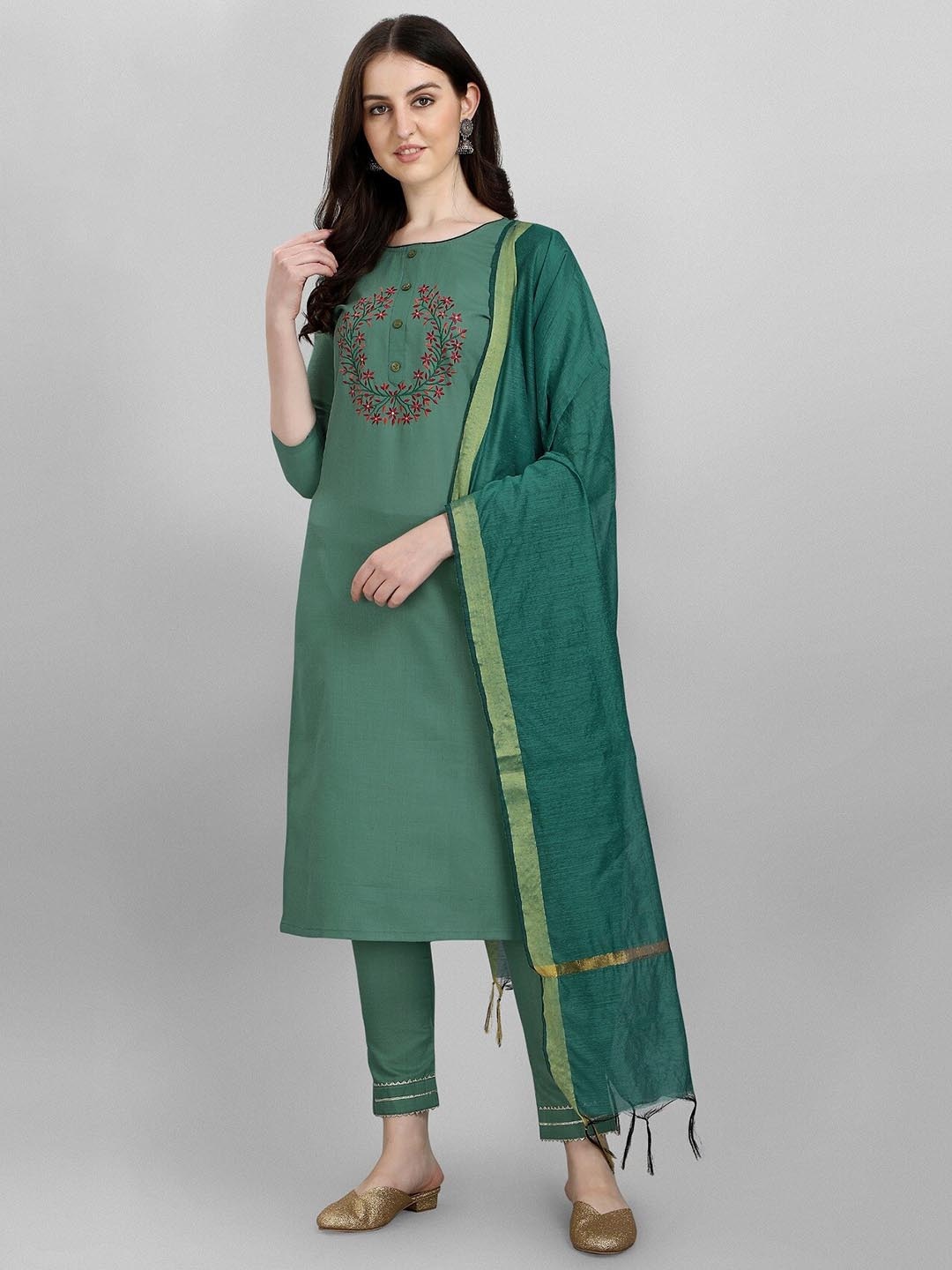 

KALINI Women Embroidered Regular Pure Cotton Kurta with Trousers & With Dupatta, Green