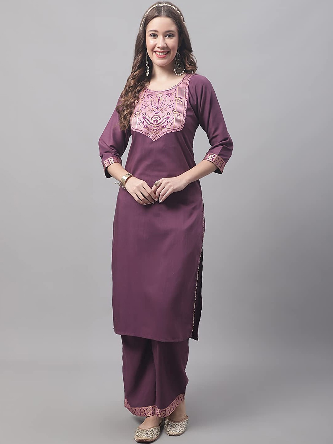 

KALINI Ethnic Motifs Embroidered Regular Kurta With Palazzos & Dupatta, Purple