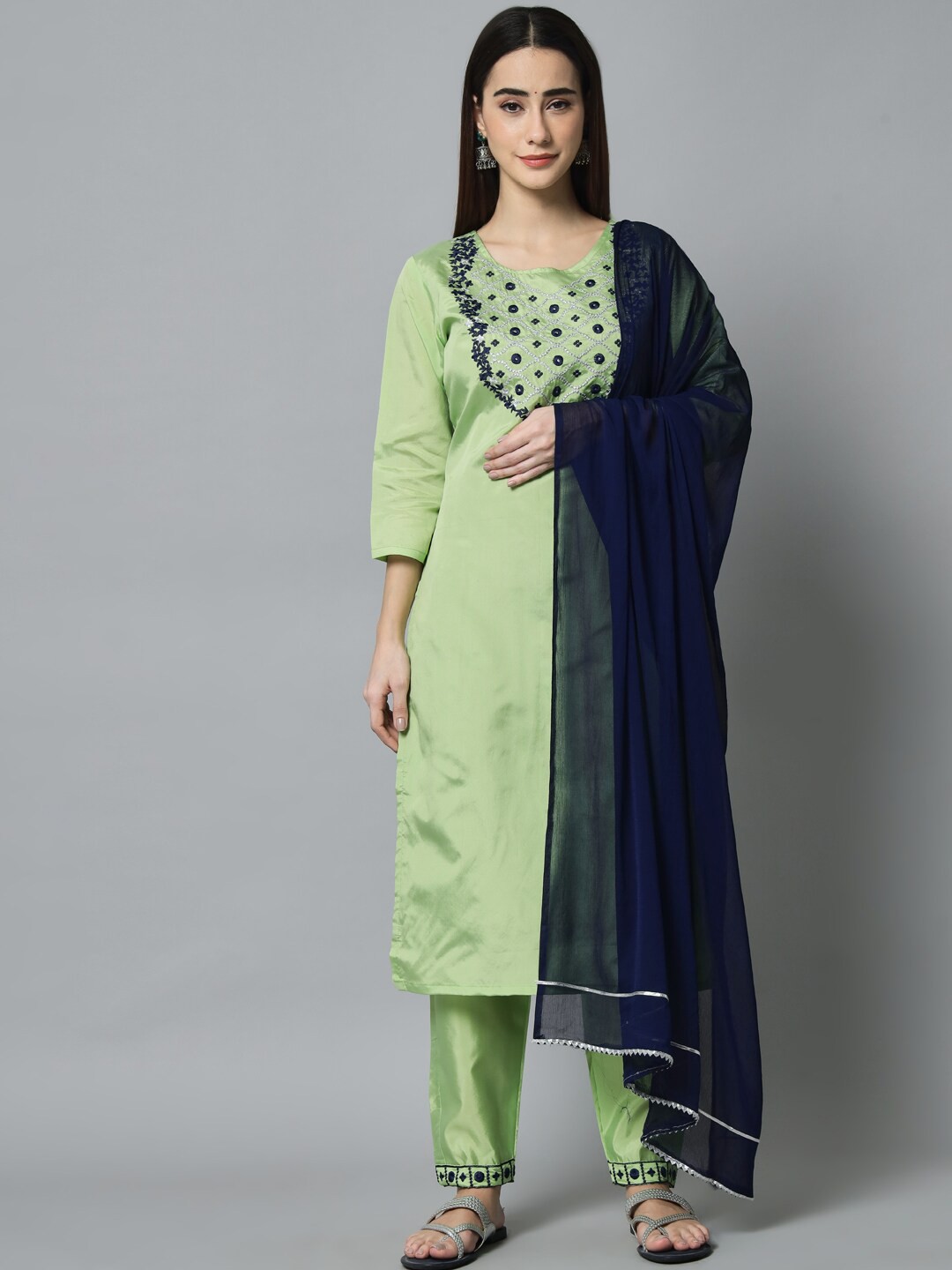 

KALINI Yoke Design Regular Thread Work Kurta With Trousers & Dupatta, Green