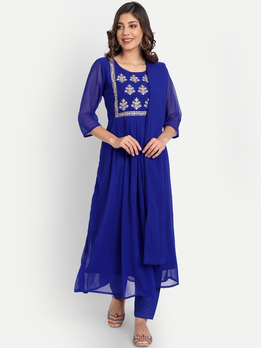 

KALINI Ethnic Motifs Embroidered A-Line Kurta with Trousers & Dupatta, Blue