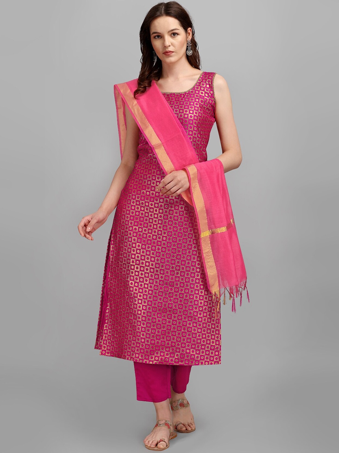 

KALINI Woven Design Beads and Stones Detail Kurta With Trousers & Dupatta, Pink