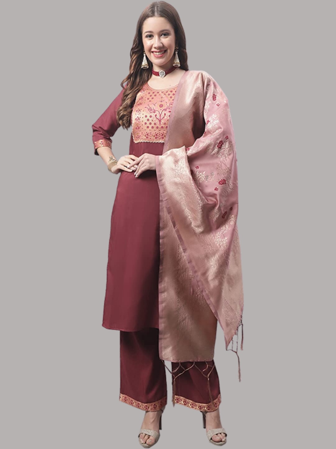 

KALINI Floral Embroidered Straight Kurta With Palazzos & Dupatta, Maroon