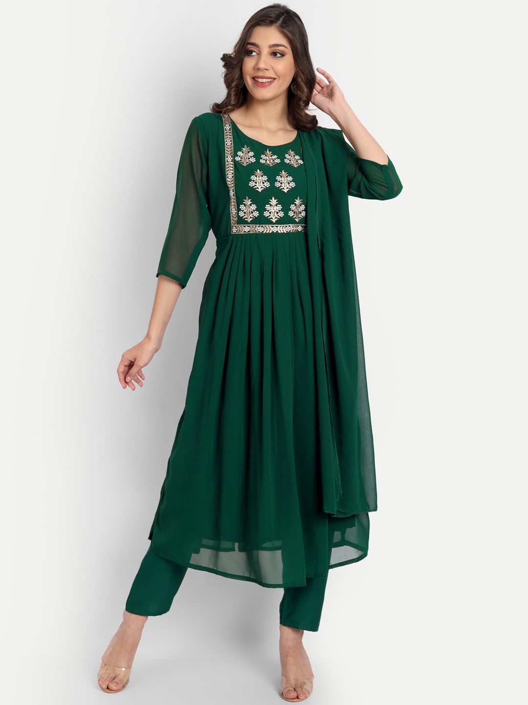 

KALINI Ethnic Motifs Embroidered Regular Kurta With Trousers & Dupatta, Green