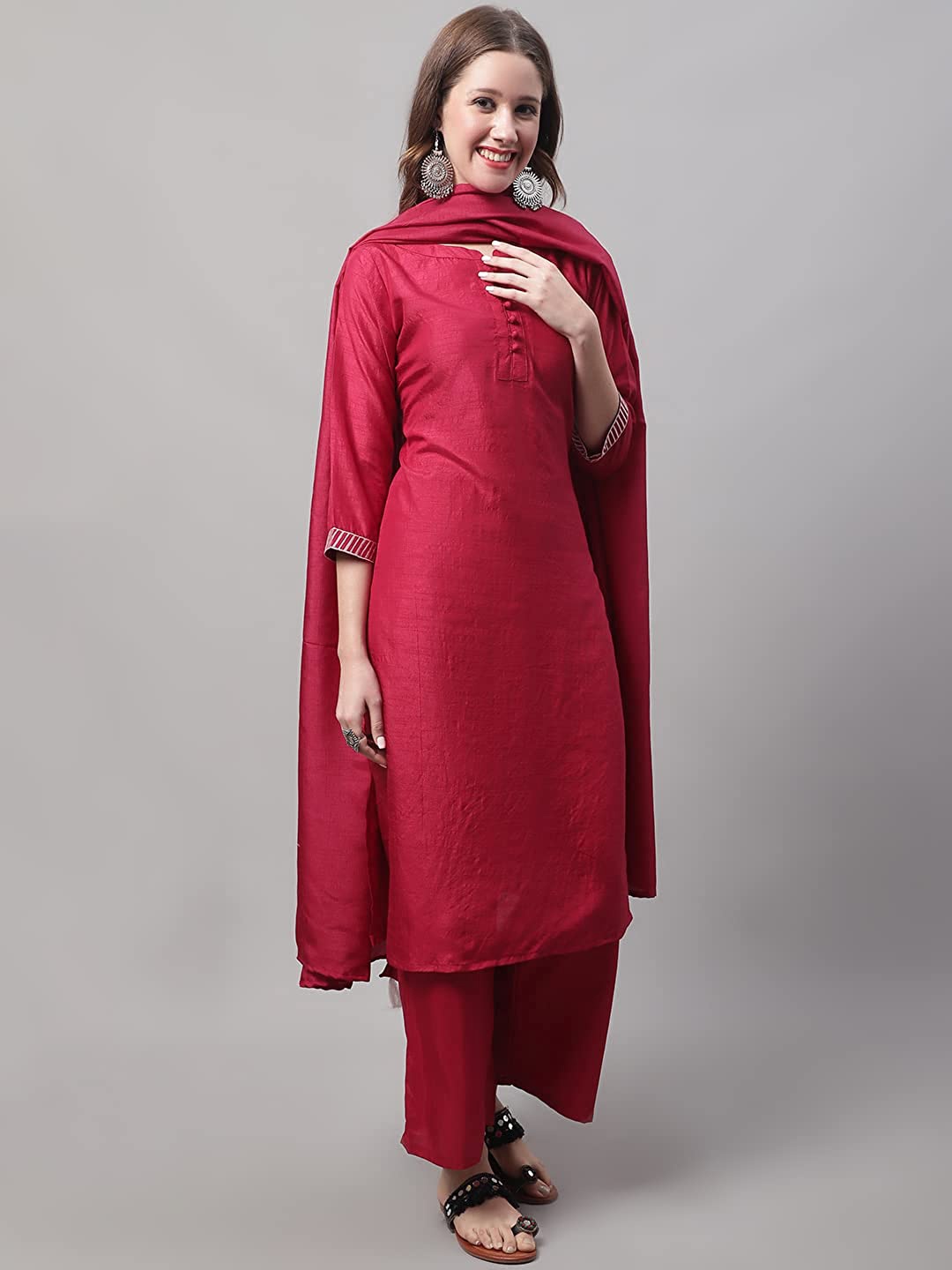 

KALINI Straight Kurta With Trouser & Dupatta, Red