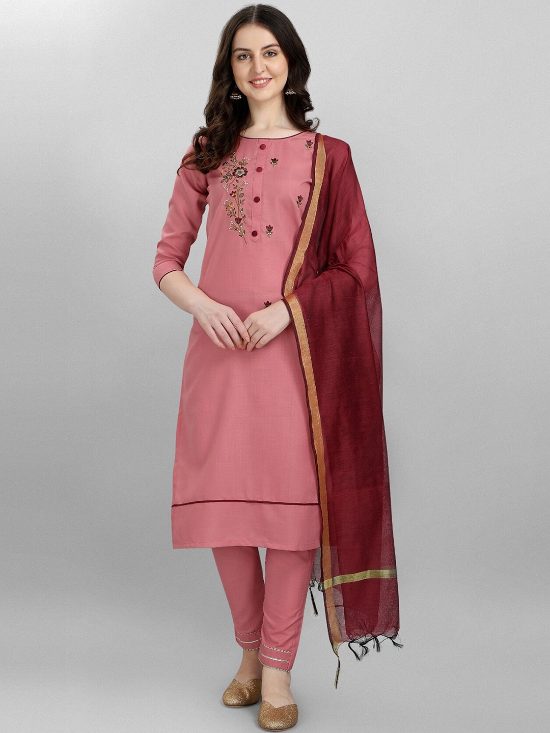 

KALINI Floral Yoke Design Sequinned Detail Pure Cotton Kurta With Trousers & Dupatta, Pink