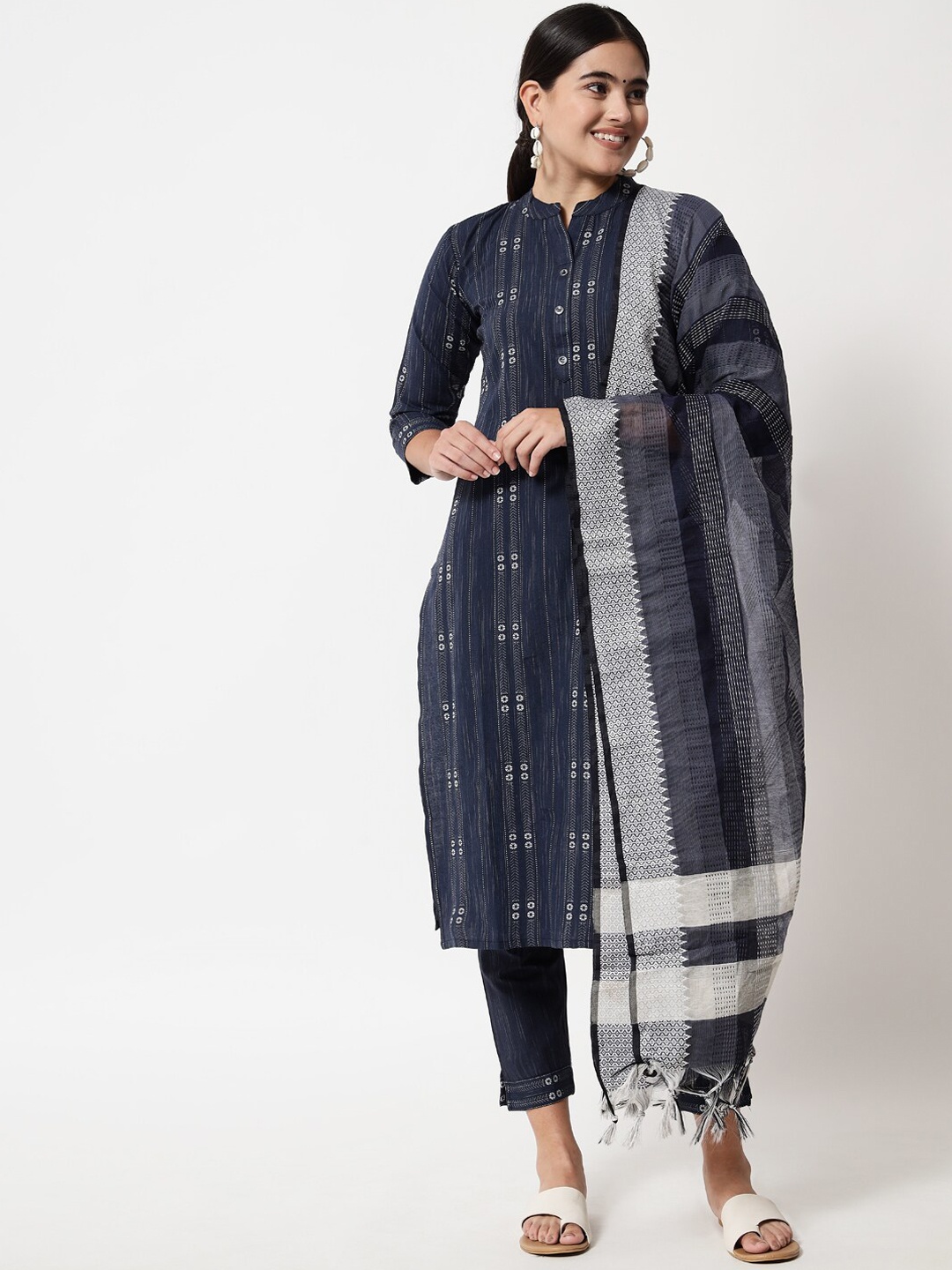 

KALINI Woven Design Pure Cotton Kurta With Trousers & With Dupatta, Navy blue