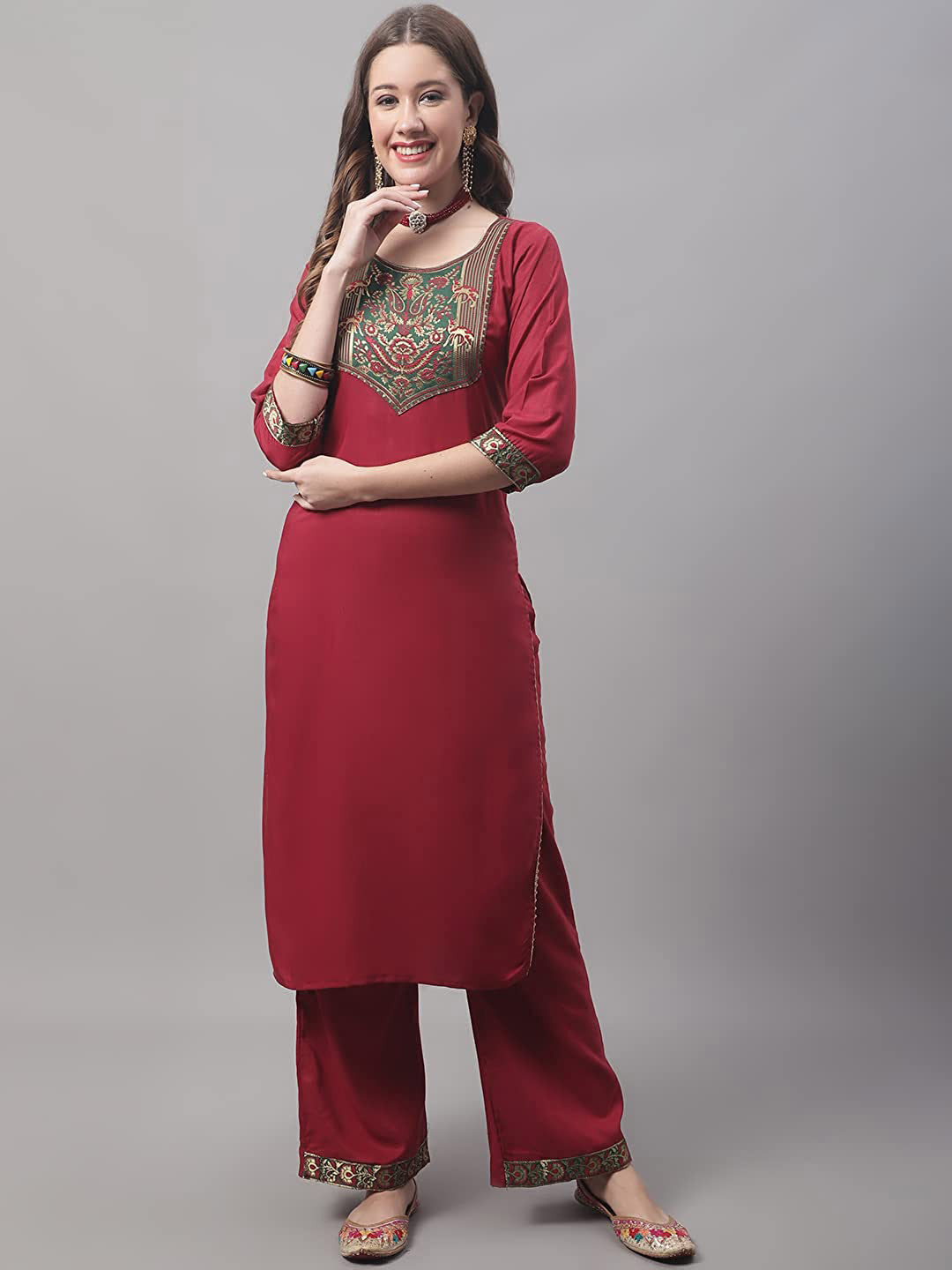

KALINI Ethnic Motifs Embroidered Regular Kurta With Palazzos & Dupatta, Red