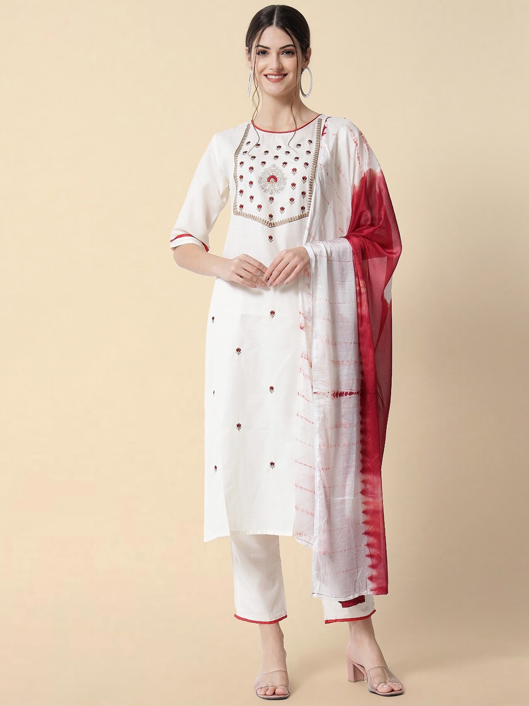 

KALINI Floral Embroidered Thread Work Straight Kurta With Trousers & Dupatta, White