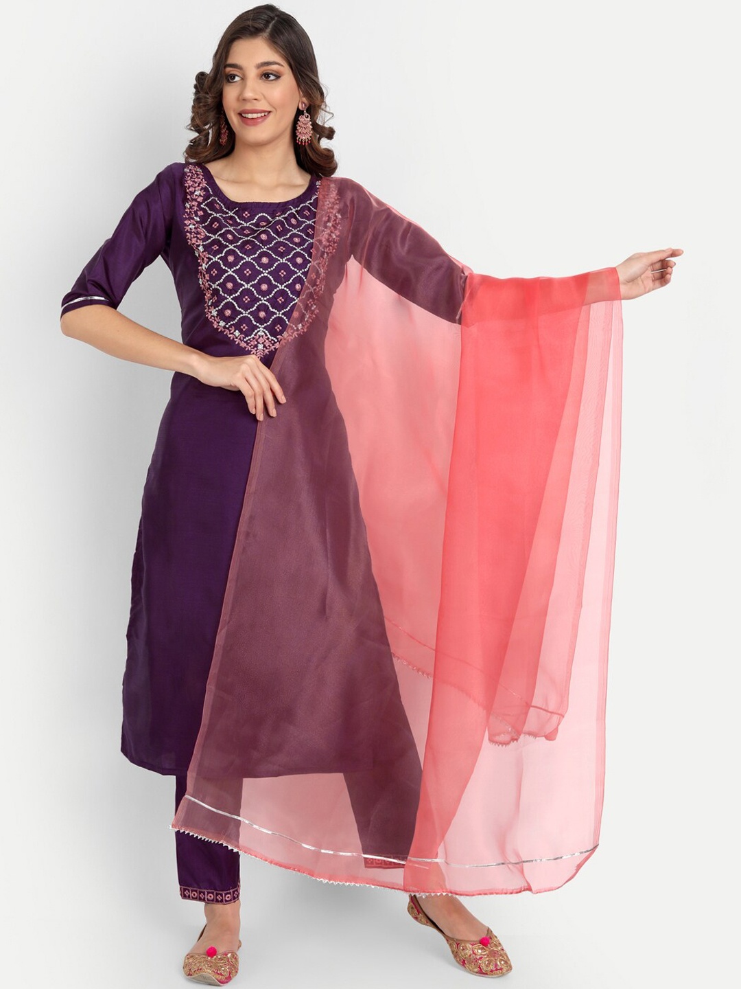 

KALINI Ethnic Motifs Embroidered Kurta With Trousers & With Dupatta, Purple