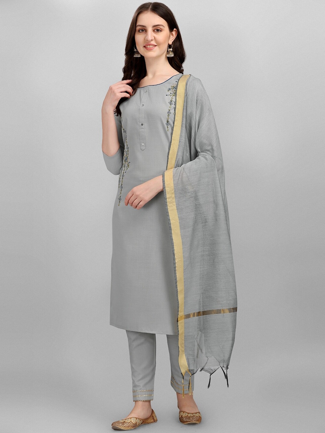 

KALINI Women Floral Embroidered Regular Pure Cotton Kurta With Trousers & Dupatta, Grey